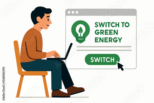 Flat vector character switching to green energy provider online, sustainable digital action, isolated on white