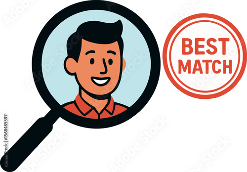Flat vector character selected from magnifying glass, "best match" stamp beside them, isolated on white