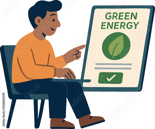 Flat vector character switching to green energy provider online, sustainable digital action, isolated on white