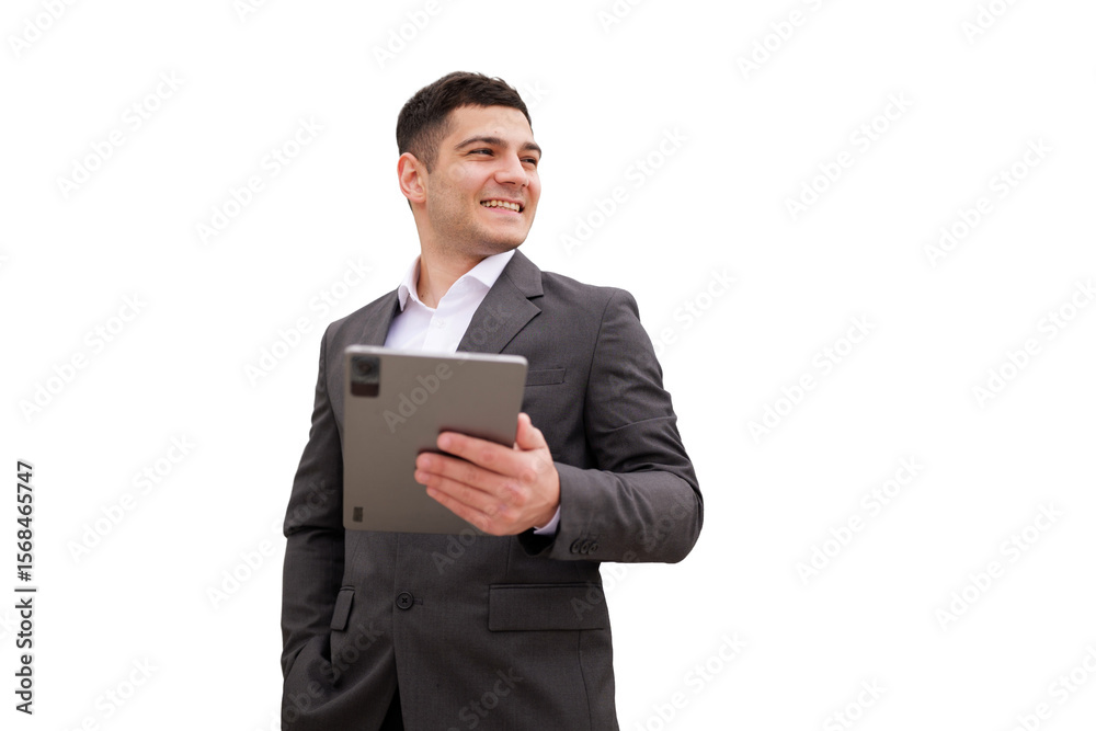 Professional man holds tablet confidently outdoors, showcasing modern technology in a isolated transparent background Professional man holds tablet confidently outdoors, showcasing modern technology in a isolated transparent background