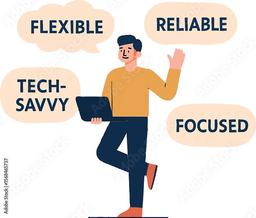 Flat vector character with cloud of traits: flexible, reliable, focused, tech-savvy, isolated on white