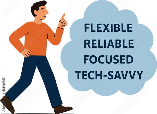 Flat vector character with cloud of traits: flexible, reliable, focused, tech-savvy, isolated on white