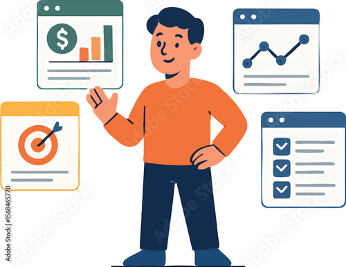 Flat vector character with multiple open apps for budgeting, tracking and goals, life optimization trend, isolated on white