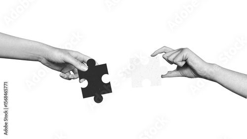 Modern collage two hands connect puzzle pieces. Teamwork concept, business idea, brainstorming. Creative solution. Merger of organizations. Partnership.