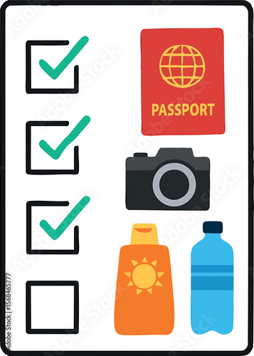 Flat vector checklist with packed items: passport, camera, sunscreen, water bottle, isolated on white