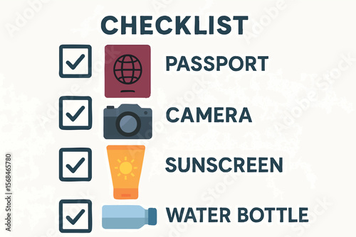 Flat vector checklist with packed items: passport, camera, sunscreen, water bottle, isolated on white
