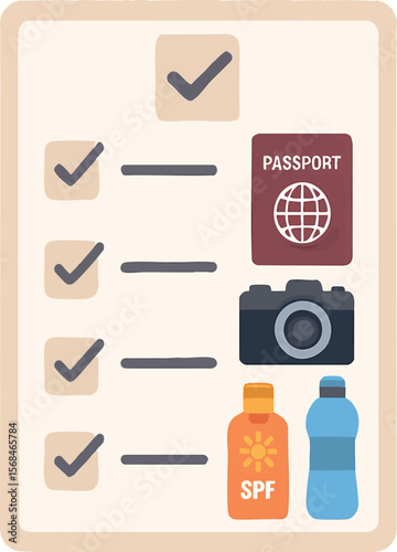 Flat vector checklist with packed items: passport, camera, sunscreen, water bottle, isolated on white