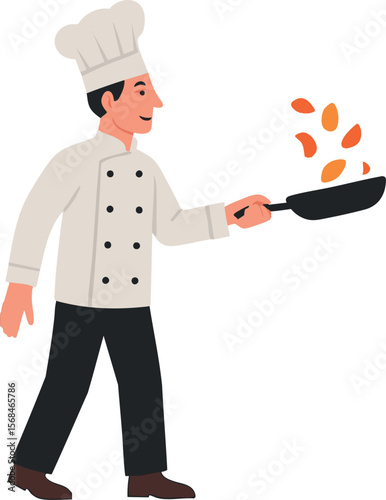 Flat vector chef in white coat and tall hat flipping food in pan, culinary worker, isolated on white
