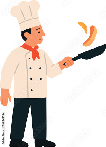 Flat vector chef in white coat and tall hat flipping food in pan, culinary worker, isolated on white