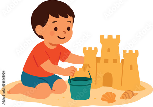 Flat vector child building sandcastle with bucket and shells, beach family holiday, isolated on white