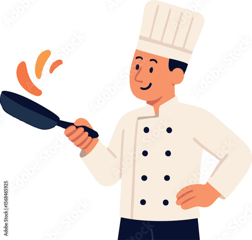 Flat vector chef in white coat and tall hat flipping food in pan, culinary worker, isolated on white