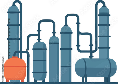 Flat vector chemical processing plant with distillation columns and tanks, flat technical style, isolated on white