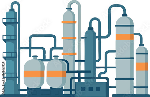 Flat vector chemical processing plant with distillation columns and tanks, flat technical style, isolated on white