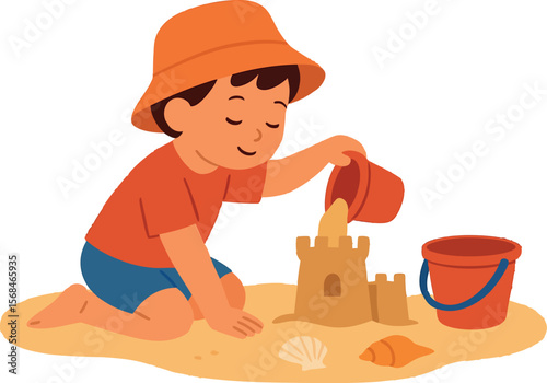 Flat vector child building sandcastle with bucket and shells, beach family holiday, isolated on white