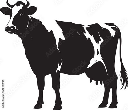 Black and white silhouette of a standing cow png.