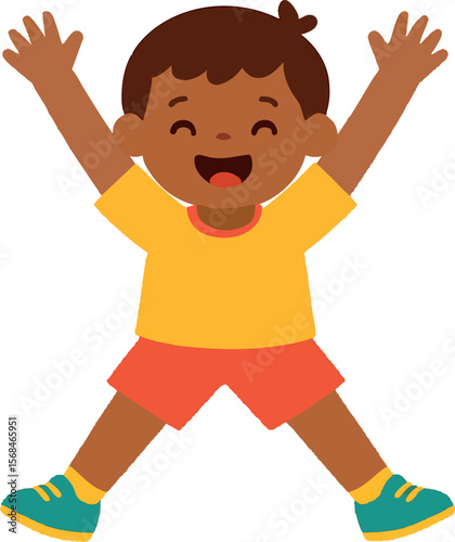 Flat vector child doing playful jumping jacks in bright sporty outfit, isolated on white