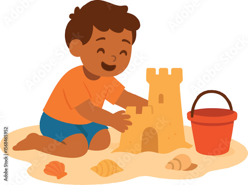 Flat vector child building sandcastle with bucket and shells, beach family holiday, isolated on white