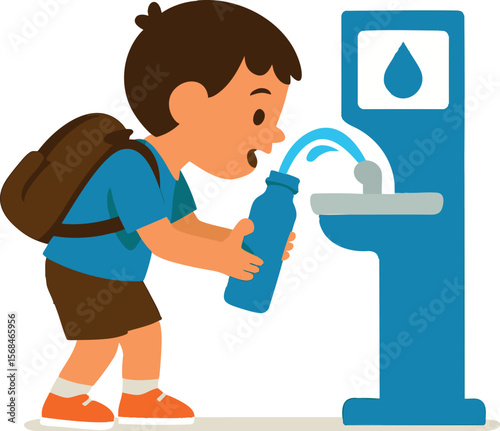 Flat vector child drinking from fountain with refillable bottle, clean water awareness, isolated on white