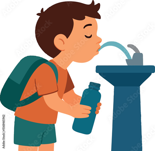 Flat vector child drinking from fountain with refillable bottle, clean water awareness, isolated on white
