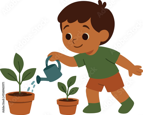 Flat vector child watering plants with small can, teaching eco habits early, isolated on white