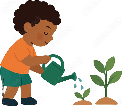 Flat vector child watering plants with small can, teaching eco habits early, isolated on white