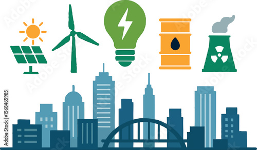 Flat vector city skyline with mixed energy sources icons hovering above, isolated on white