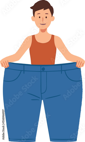 Flat vector clothing size comparison: large pants held in front of slimmer body, weight loss metaphor, isolated on white