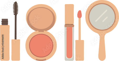 Flat vector clean girl look makeup set: brow gel, blush, gloss and minimal mirror, beauty microtrend, isolated on white