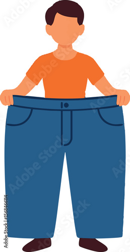 Flat vector clothing size comparison: large pants held in front of slimmer body, weight loss metaphor, isolated on white