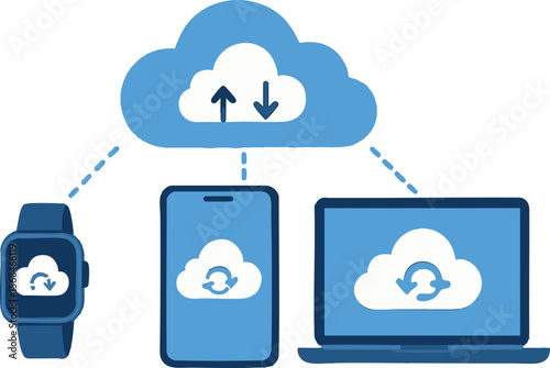 Flat vector cloud app syncing to smartwatch, phone and laptop in real-time, isolated on white