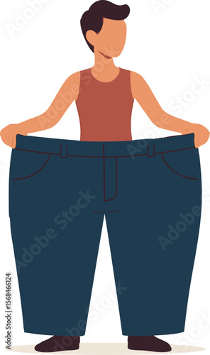 Flat vector clothing size comparison: large pants held in front of slimmer body, weight loss metaphor, isolated on white