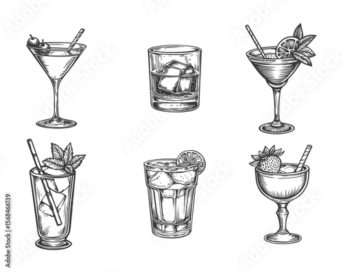 Hand drawn cocktail. Alcoholic drinks in glasses. Sketch juice, margarita martini. Cocktail with rum, gin whiskey vector set.