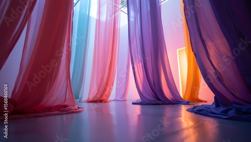 Colorful sheer curtains hanging for event decoration and party backdrops photography