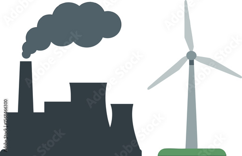 Flat vector coal plant and wind turbine side by side, clean vs dirty energy contrast, isolated on white