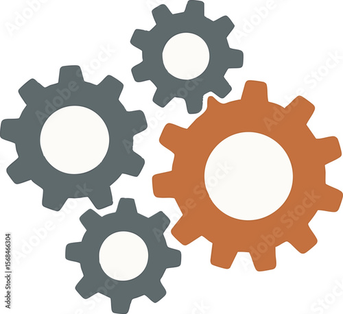 Flat vector cogwheels of different sizes interlocking smoothly, system harmony, isolated on white