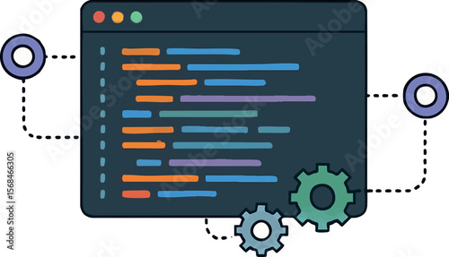 Flat vector code editor showing connected endpoints and synced modules, backend API integration, isolated on white