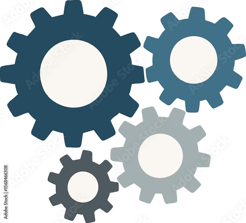 Flat vector cogwheels of different sizes interlocking smoothly, system harmony, isolated on white