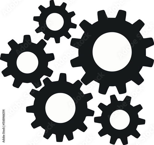 Flat vector cogwheels of different sizes interlocking smoothly, system harmony, isolated on white