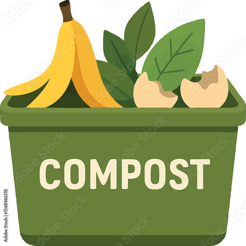 Flat vector compost bin with banana peel, leaves, and eggshells, waste management topic, isolated on white