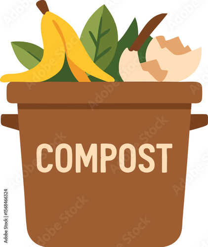 Flat vector compost bin with banana peel, leaves, and eggshells, waste management topic, isolated on white