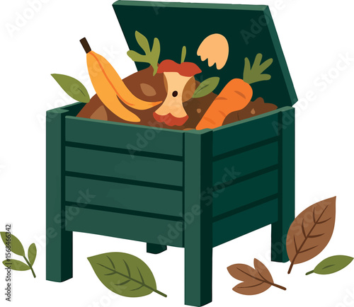 Flat vector compost bin with food scraps and leaves, backyard composting lifestyle, isolated on white