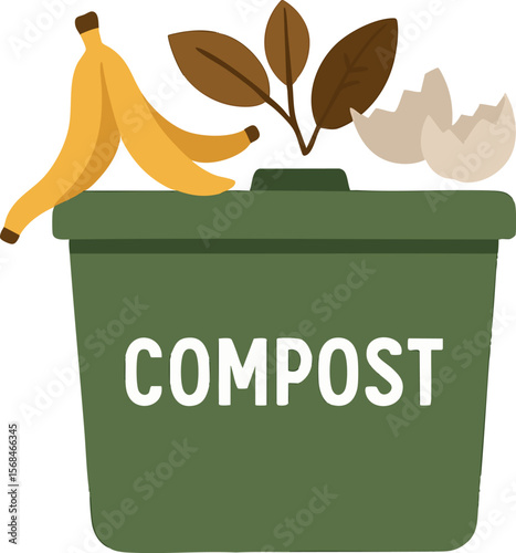 Flat vector compost bin with banana peel, leaves, and eggshells, waste management topic, isolated on white