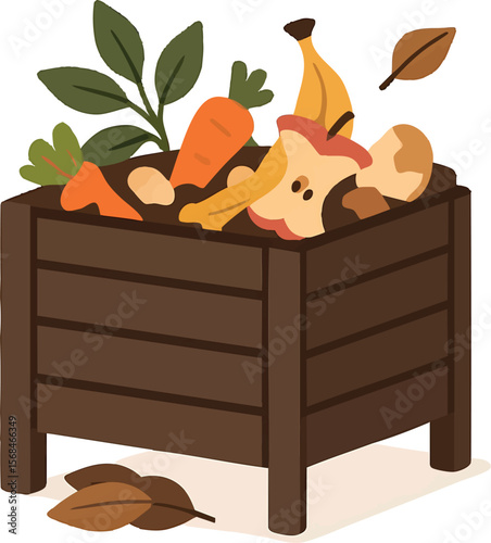 Flat vector compost bin with food scraps and leaves, backyard composting lifestyle, isolated on white