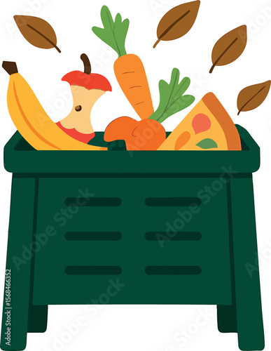 Flat vector compost bin with food scraps and leaves, backyard composting lifestyle, isolated on white