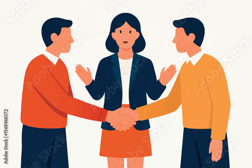 Flat vector conflict resolution scene with two people shaking hands and mediator, team harmony, isolated on white