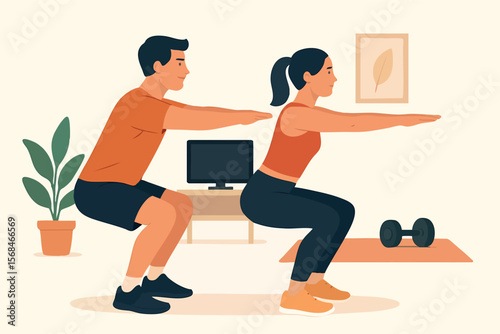 Flat vector couple doing synchronized squats at home, flat fitness scene, isolated on white