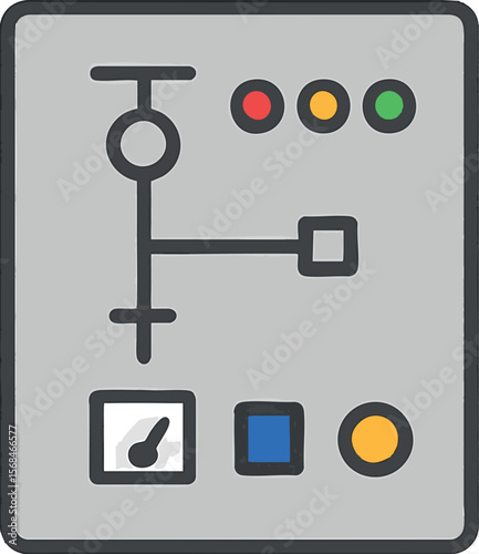 Flat vector control panel with single-line diagram and indicators, flat technical interface, isolated on white