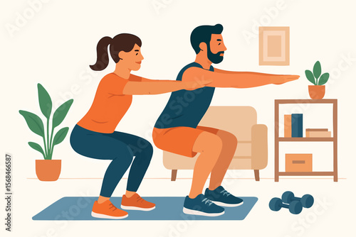 Flat vector couple doing synchronized squats at home, flat fitness scene, isolated on white