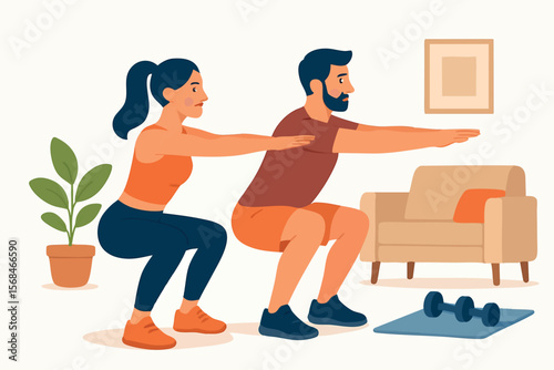 Flat vector couple doing synchronized squats at home, flat fitness scene, isolated on white