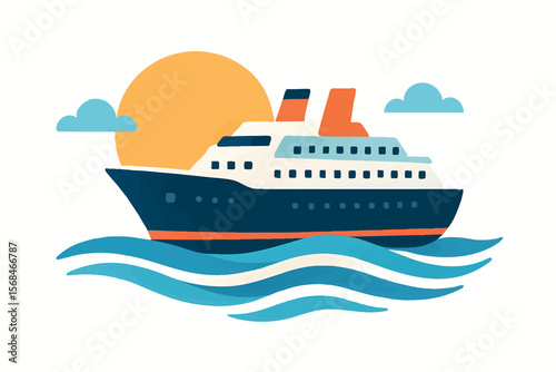 Flat vector cruise ship sailing with sun and waves behind, relaxing sea vacation, isolated on white